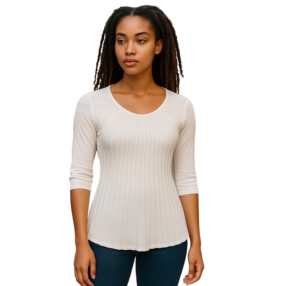 AldoMartins‎ White Ribbed 3/4 Sleeve Scoop Neck Knit Sweater Bamboo Cotton US 4